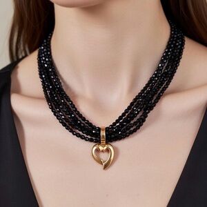 Givenchy Vintage Black and Gold Heart Necklace